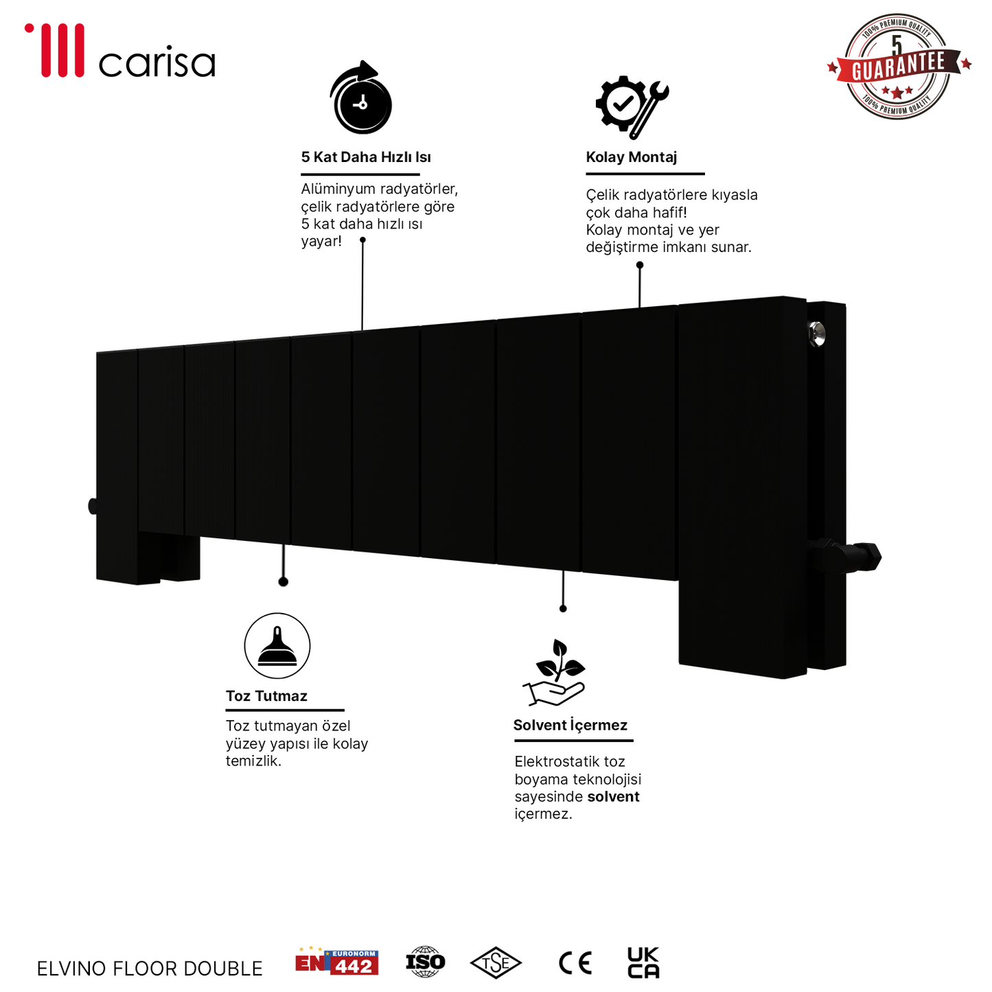 Carisa Elvino Floor Yatay Alüminyum Radyatör Modern Tasarım Siyah
