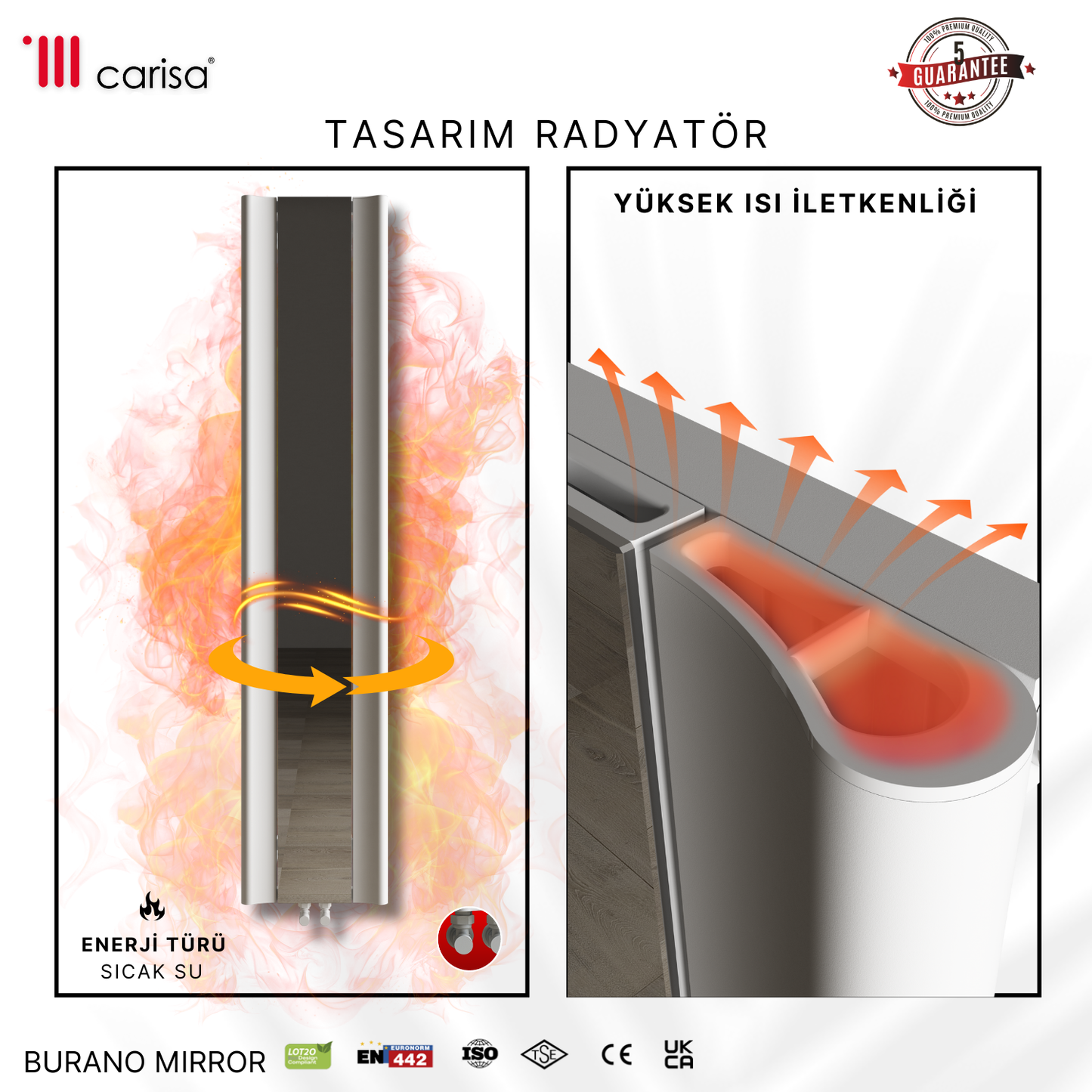 Carisa Burano Mirror Dikey Alüminyum Radyatör Modern Tasarım Beyaz