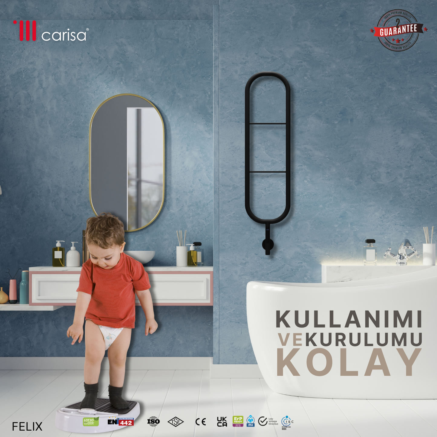 Carisa Felix Elektrikli Havlu Isıtıcı, Paslanmaz Çelik – Mat Siyah