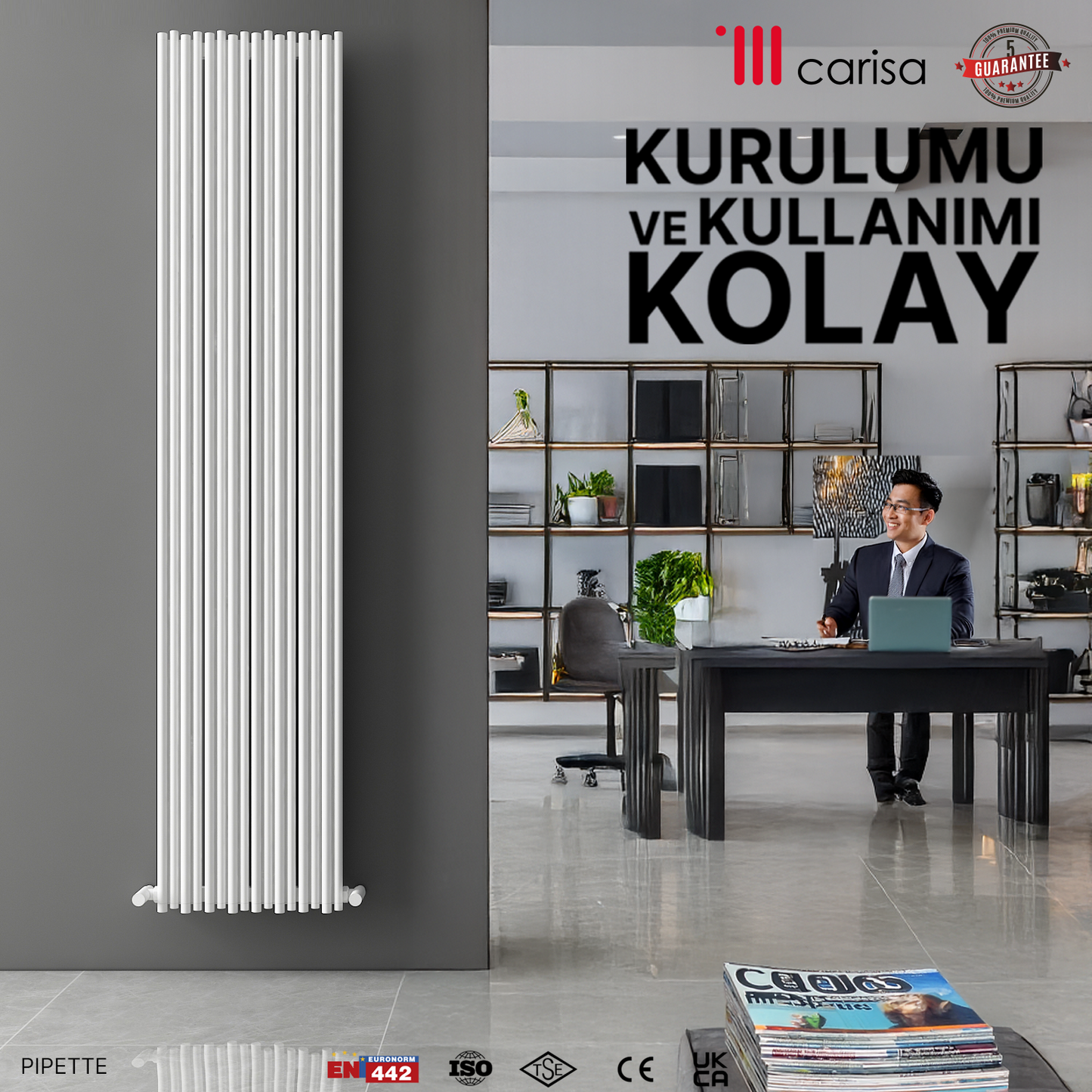 Carisa Pipette Dikey Alüminyum Radyatör Modern Tasarım Beyaz