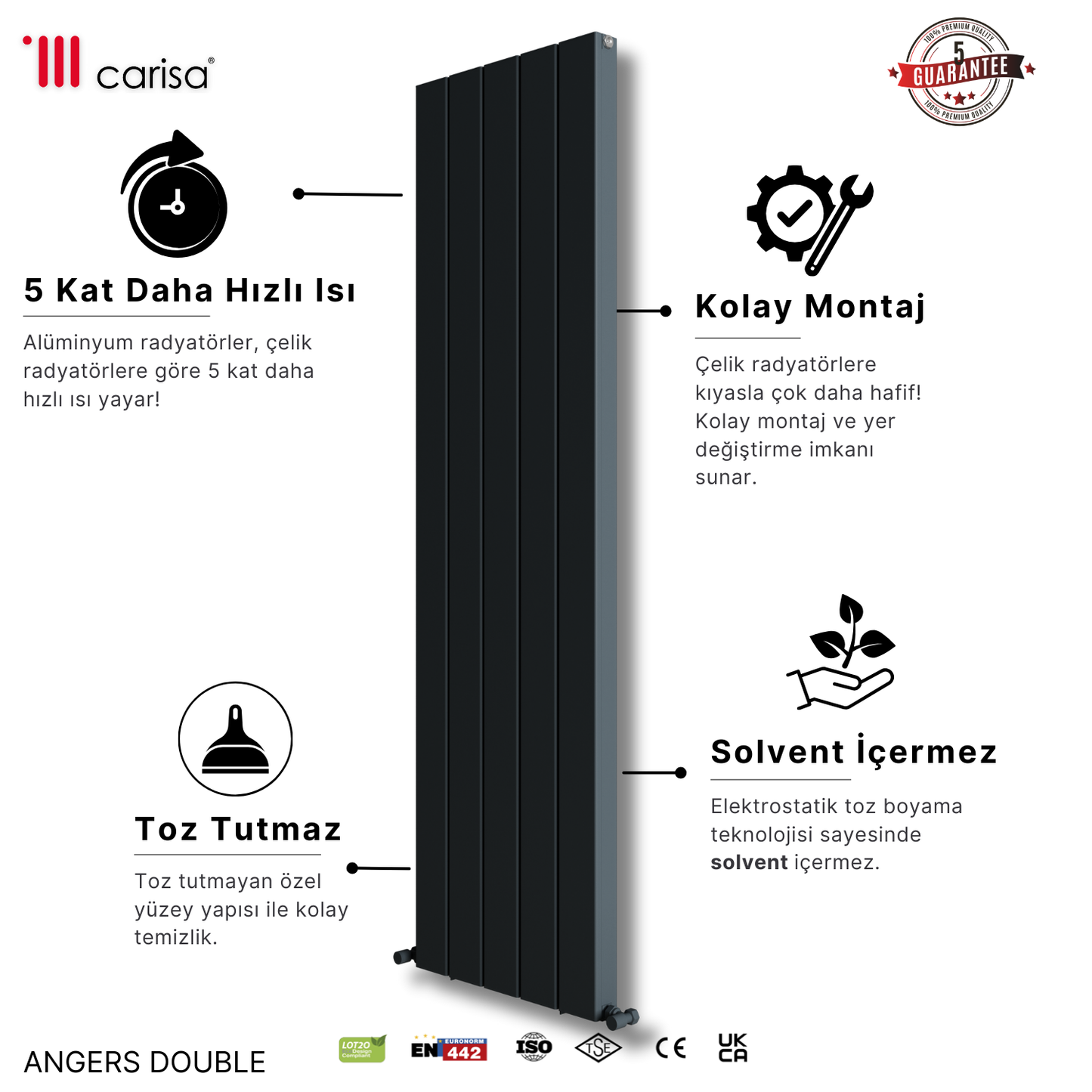 Carisa Angers Double Dikey Alüminyum Radyatör Modern Tasarım Antrasit