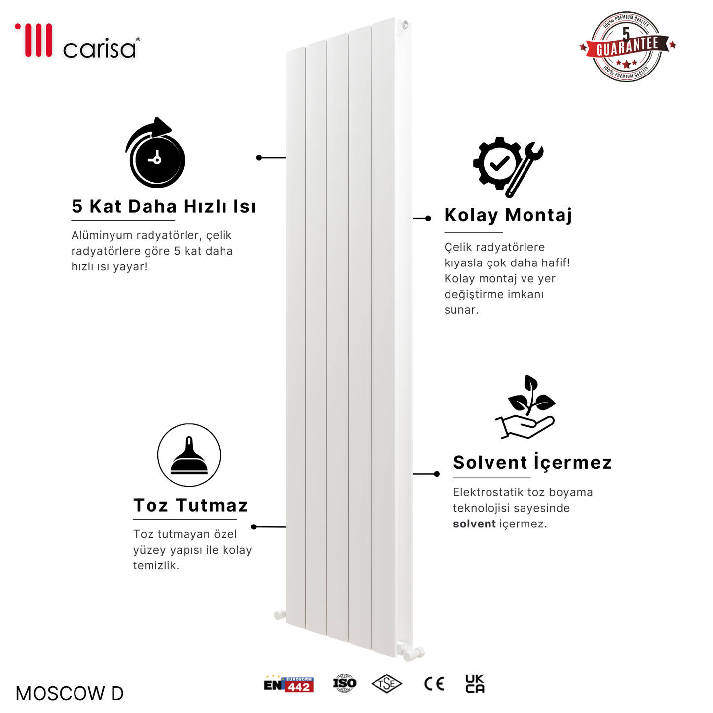 Carisa Moscow D Dikey Alüminyum Radyatör Modern Tasarım Beyaz