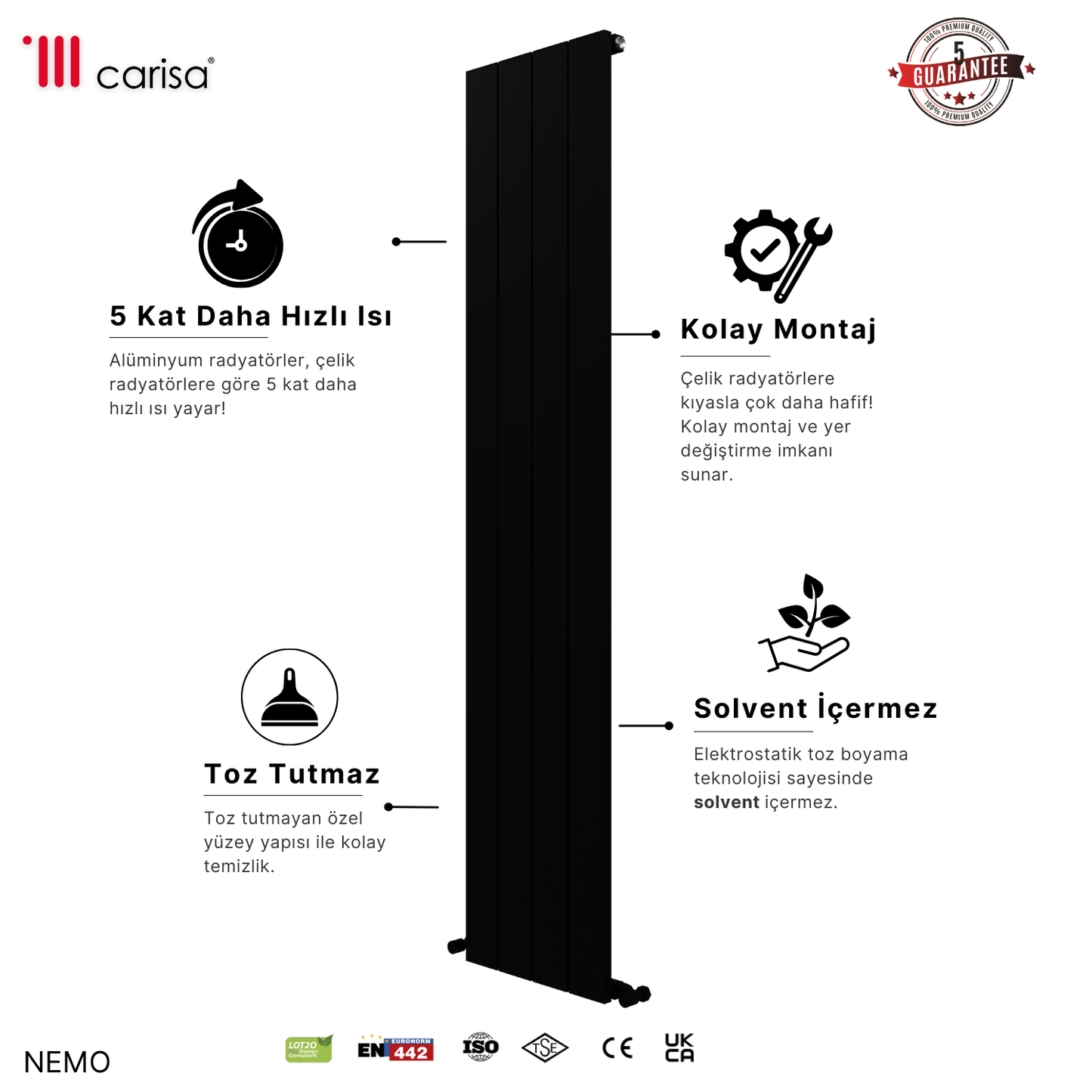 Carisa Nemo Dikey Alüminyum Radyatör Modern Tasarım Siyah