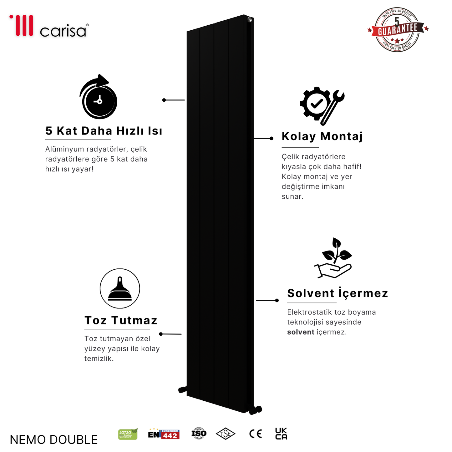 Carisa Nemo Double Alüminyum Radyatör Siyah Standart Bağlantı