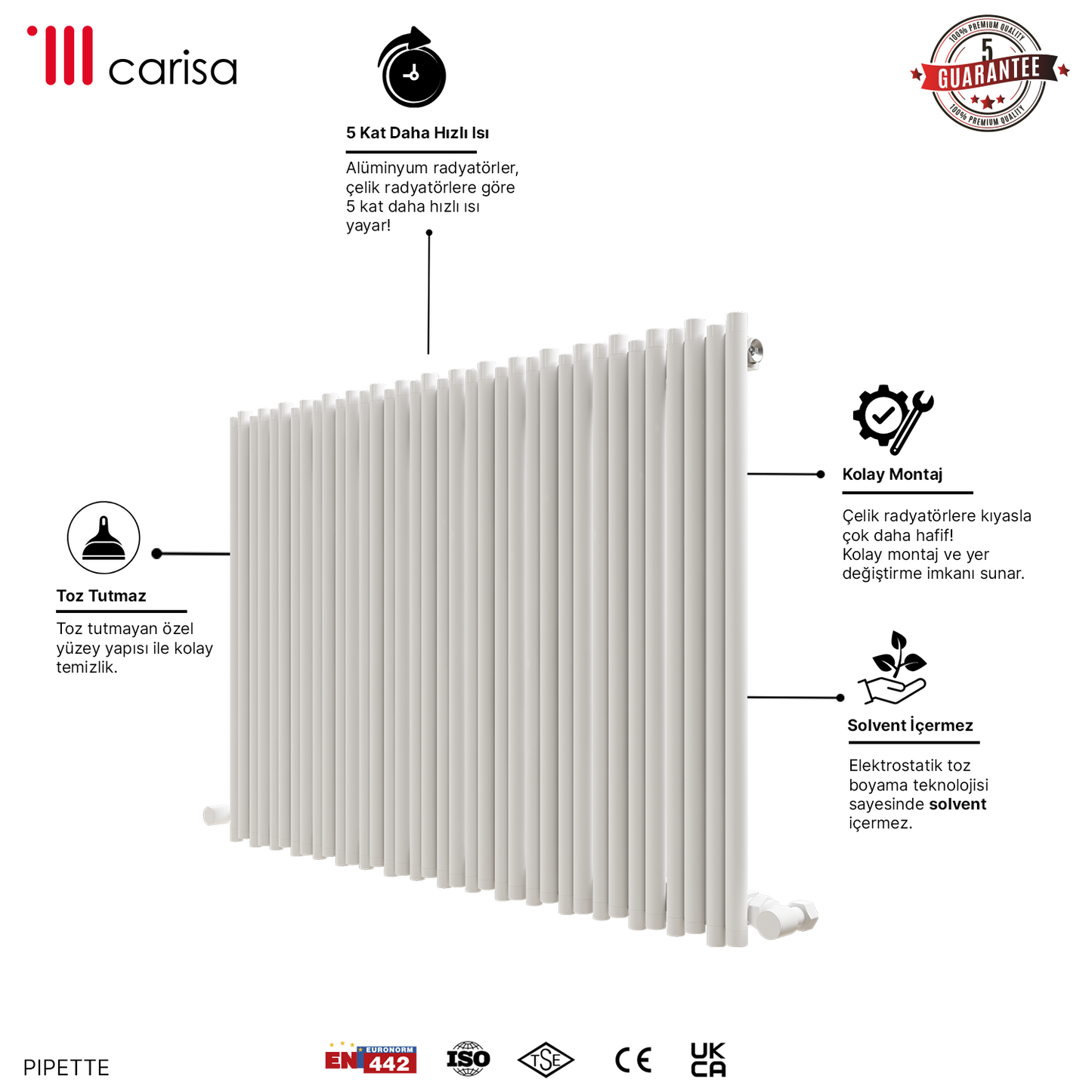 Carisa Pipette Yatay Alüminyum Radyatör Modern Tasarım Beyaz