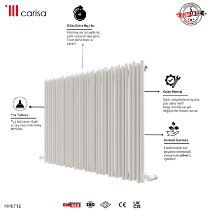 Carisa Pipette Yatay Alüminyum Radyatör Modern Tasarım Beyaz
