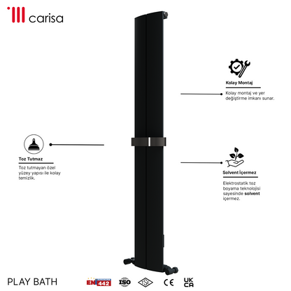 Carisa PLAY BATH RAL 9005 KUMLU SİYAH/STANDART BAĞLANTI(İKİ YAN-ALT-ÜST-ÇAPRAZ)/ALÜMİNYUM HAVLUPAN/BANYO RADYATÖRÜ