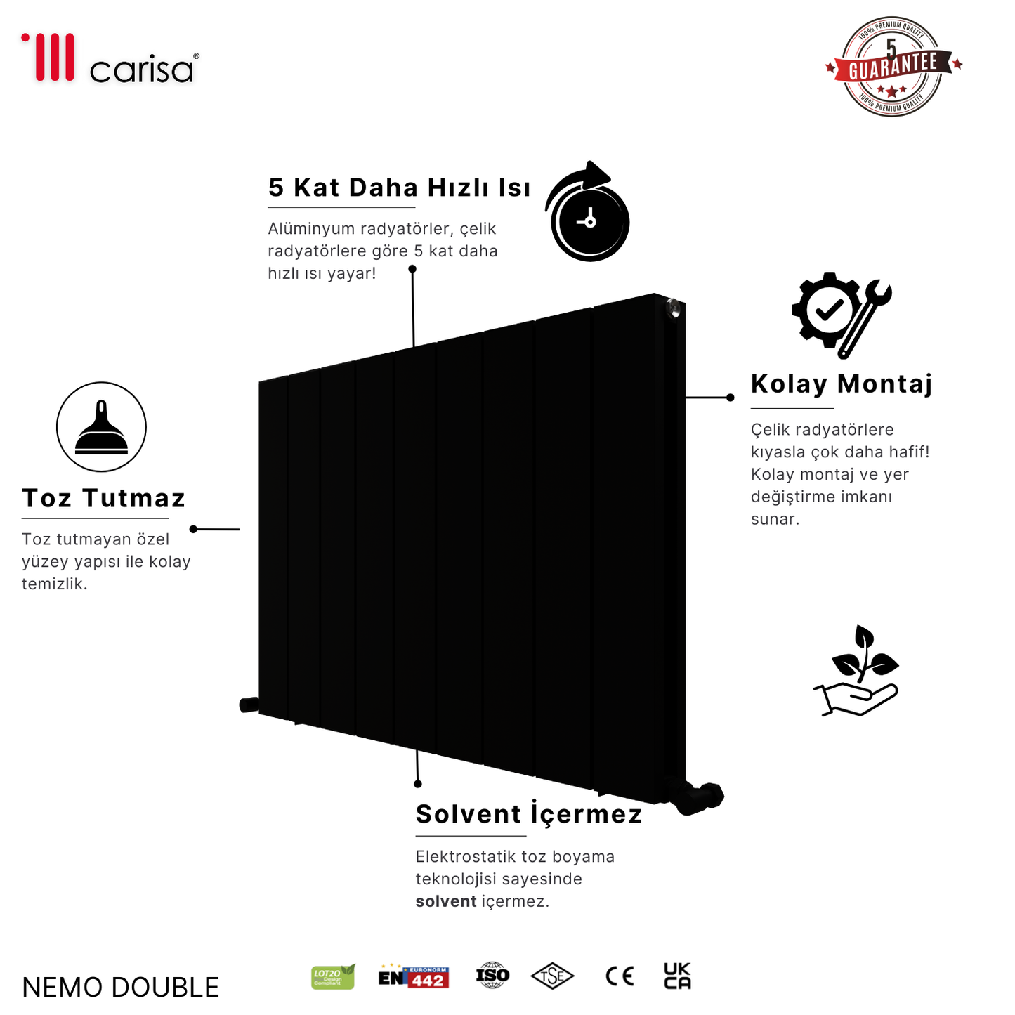 Carisa Nemo Double Alüminyum Radyatör Siyah Standart Bağlantı