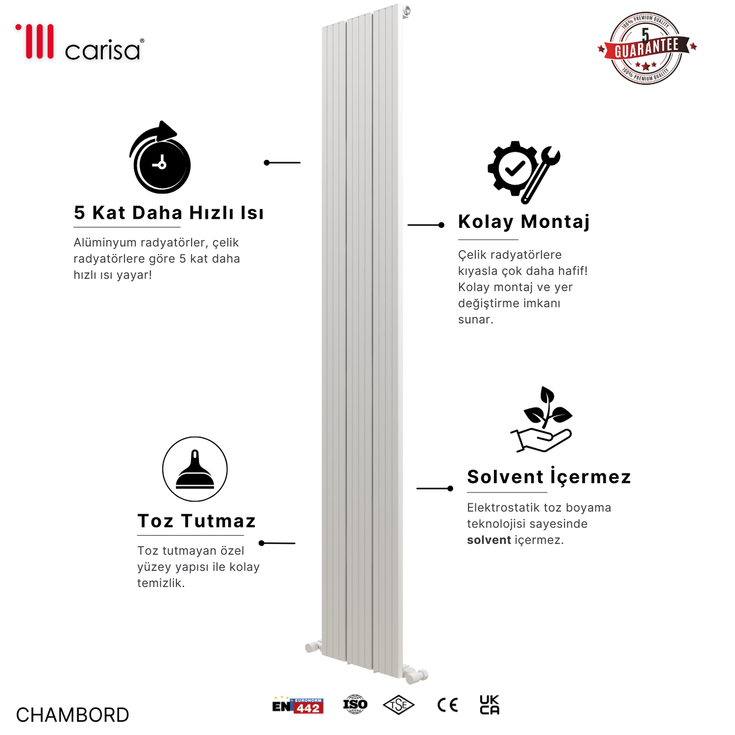 Carisa Chambord Dikey Alüminyum Radyatör Modern Tasarım Beyaz