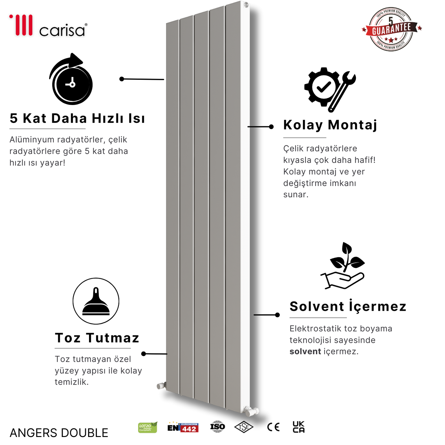 Carisa Angers Double Dikey Alüminyum Radyatör Modern Tasarım Beyaz