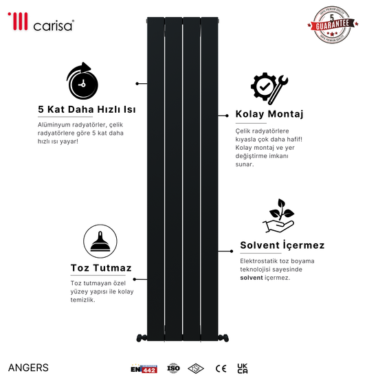 Carisa Angers Dikey Alüminyum Radyatör Modern Tasarım Siyah
