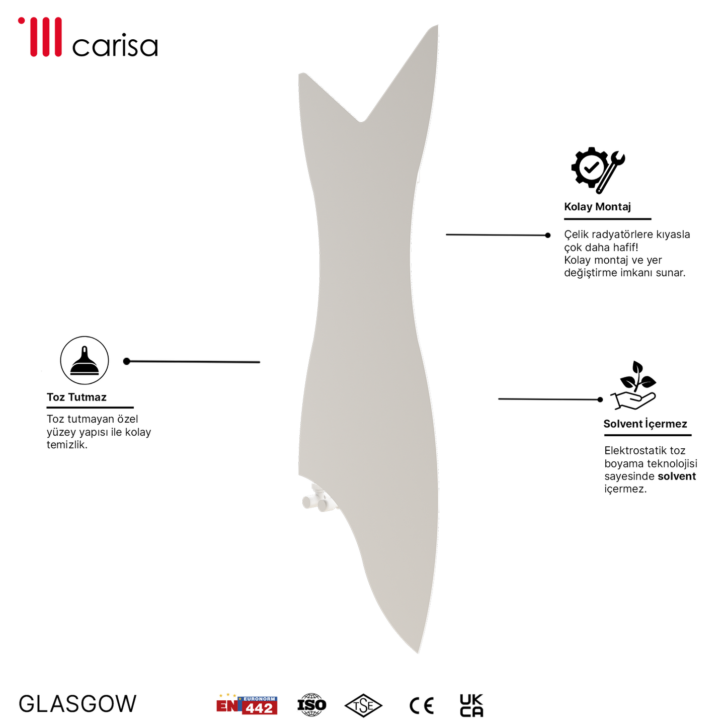 Carisa Glasgow Dikey İnce Tasarım Çelik Radyatör Modern Tasarım Beyaz