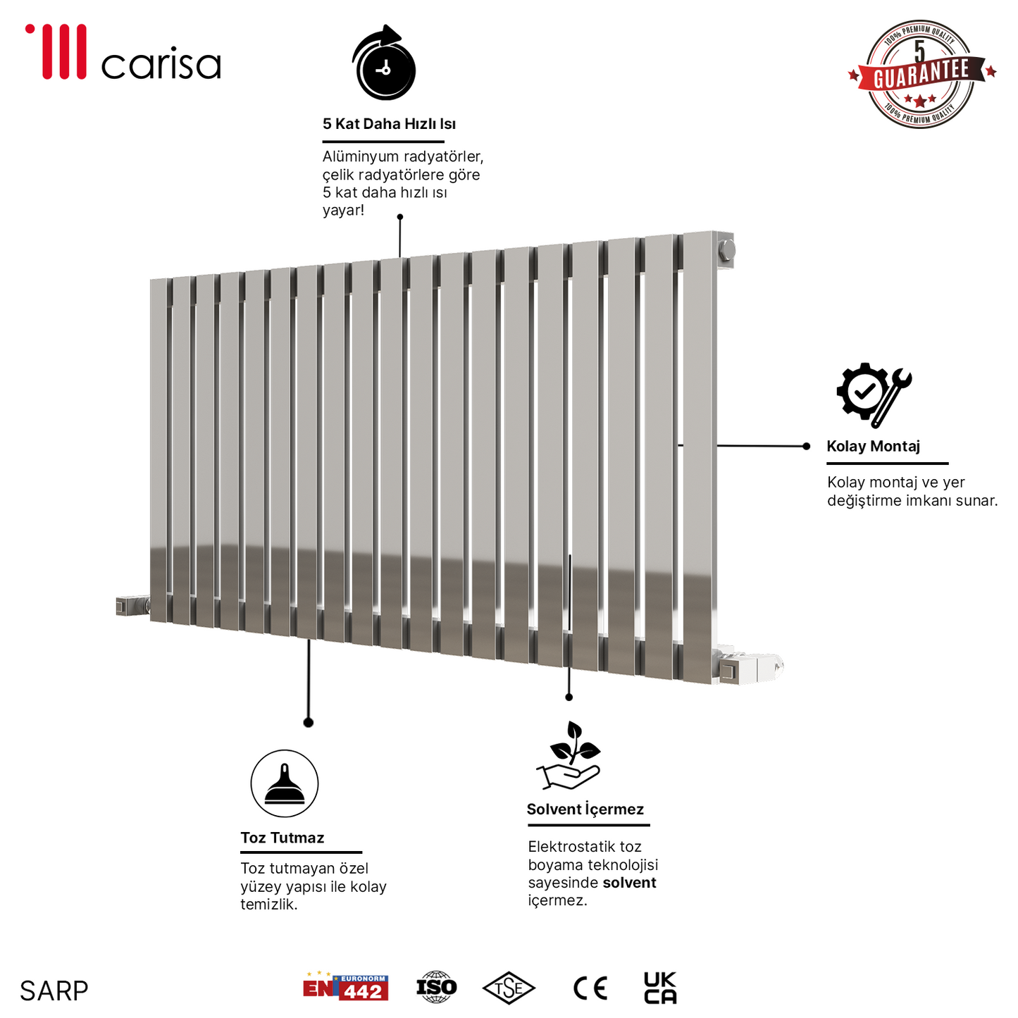 Carisa Sarp Yatay Paslanmaz Çelik Radyatör Modern Tasarım Ayna Polisaj