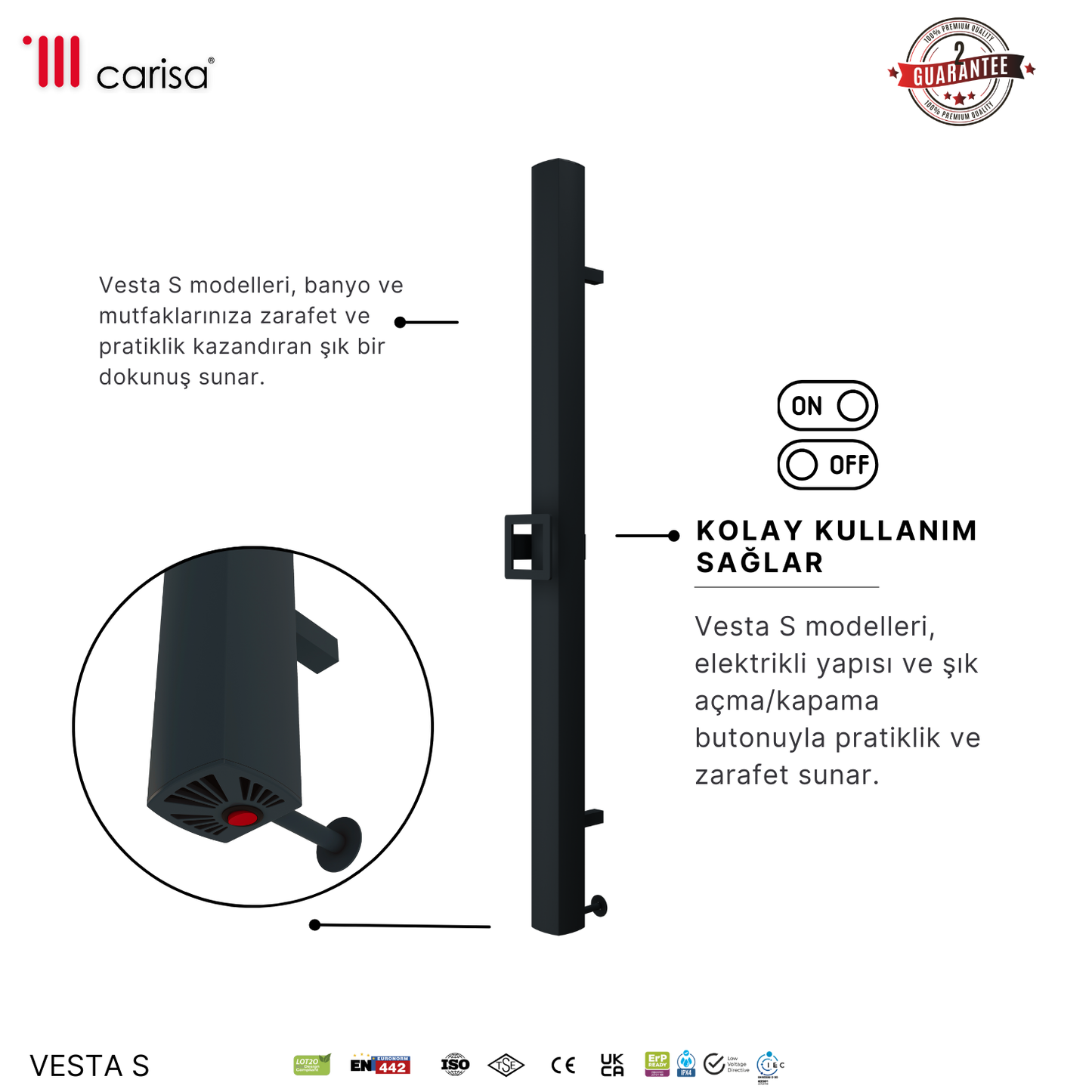 Carisa Vesta Single Elektrikli Havlupan Modern Tasarım Antrasit