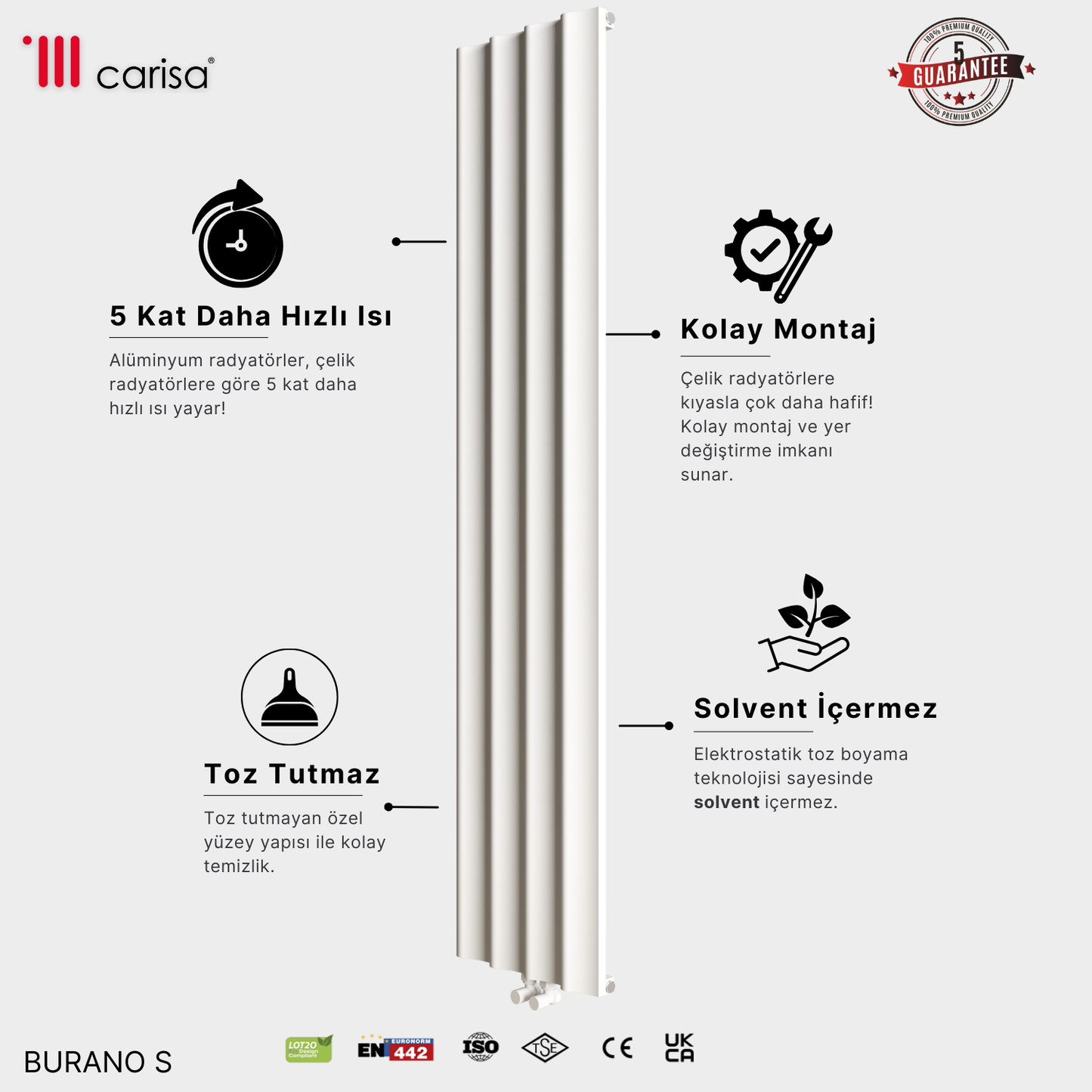 Carisa Burano S Dikey Alüminyum Radyatör Modern Tasarım Beyaz