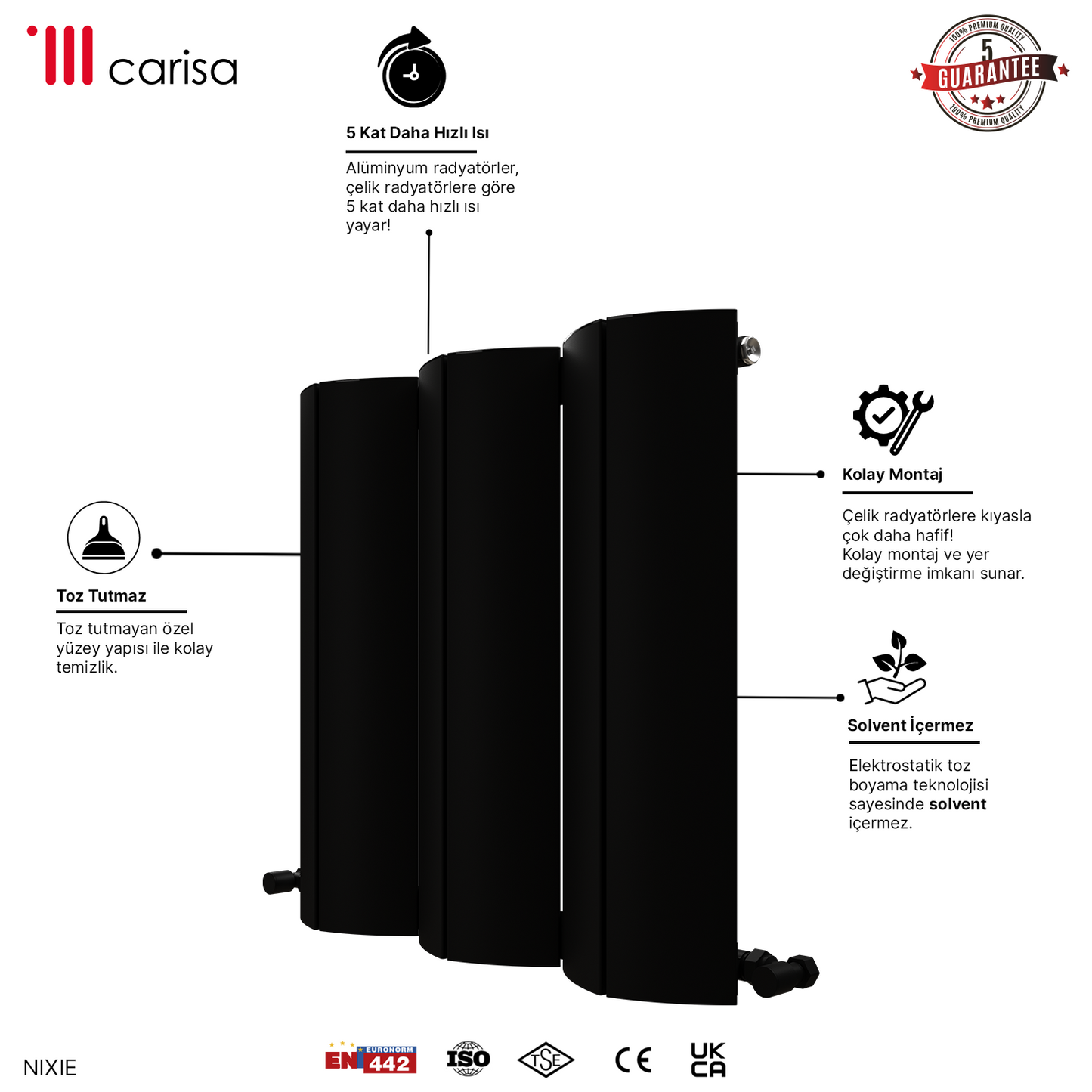 Carisa Nixie Yatay Alüminyum Radyatör Modern Tasarım Siyah