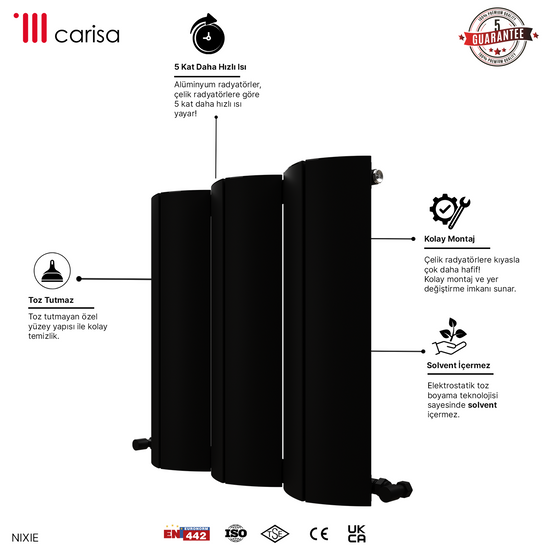 Carisa Nixie Yatay Alüminyum Radyatör Modern Tasarım Siyah