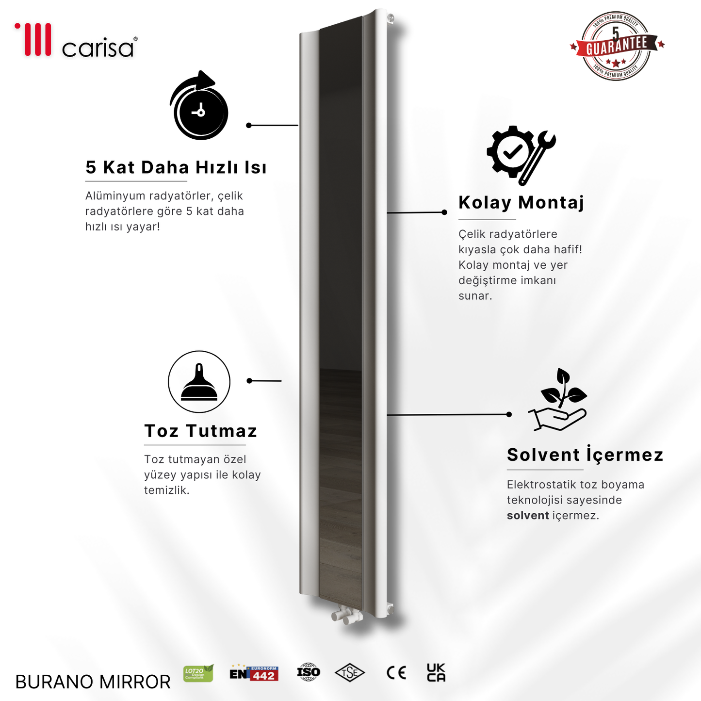 Carisa Burano Mirror Dikey Alüminyum Radyatör Modern Tasarım Beyaz