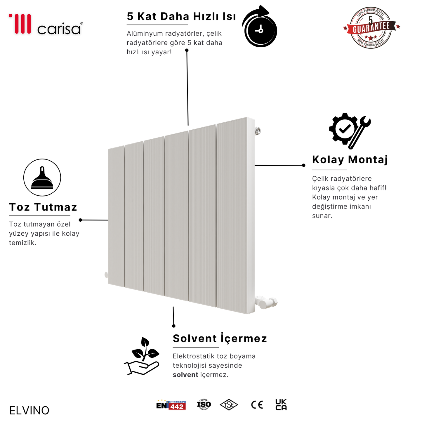 Carisa Elvino Alüminyum Radyatör Beyaz Standart Bağlantı