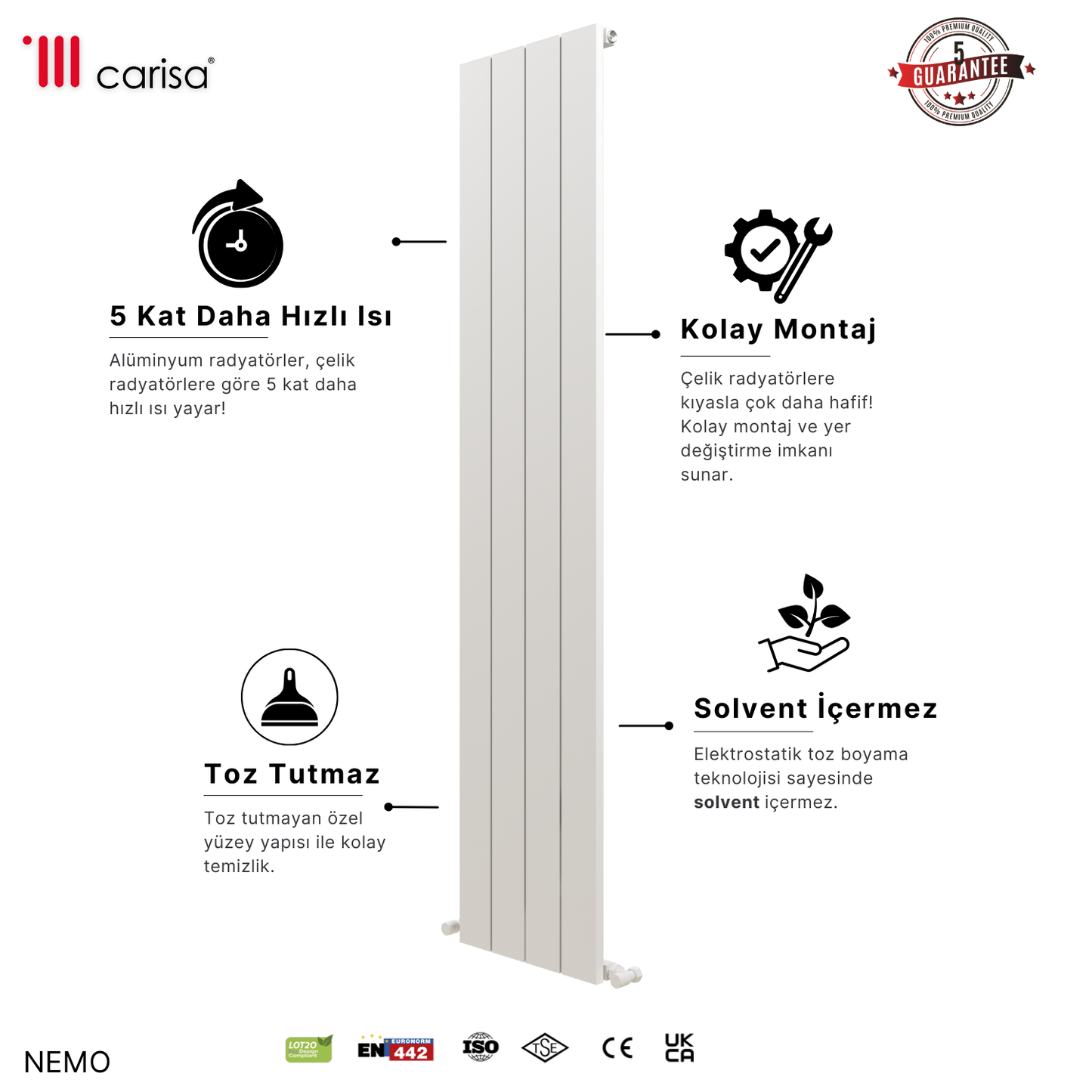 Carisa Nemo Dikey Alüminyum Radyatör Modern Tasarım Beyaz