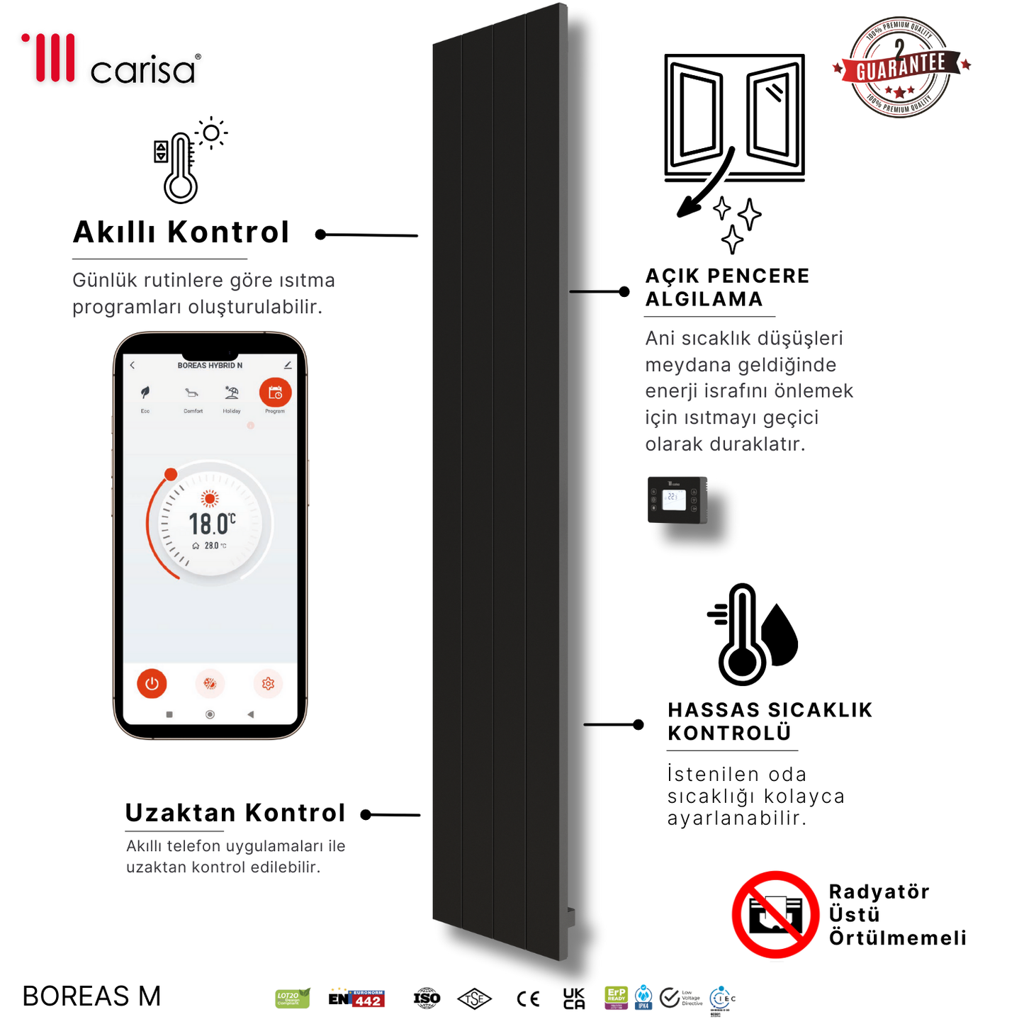 Carisa Boreas M Dikey Elektrikli Radyatör Modern Tasarım Siyah