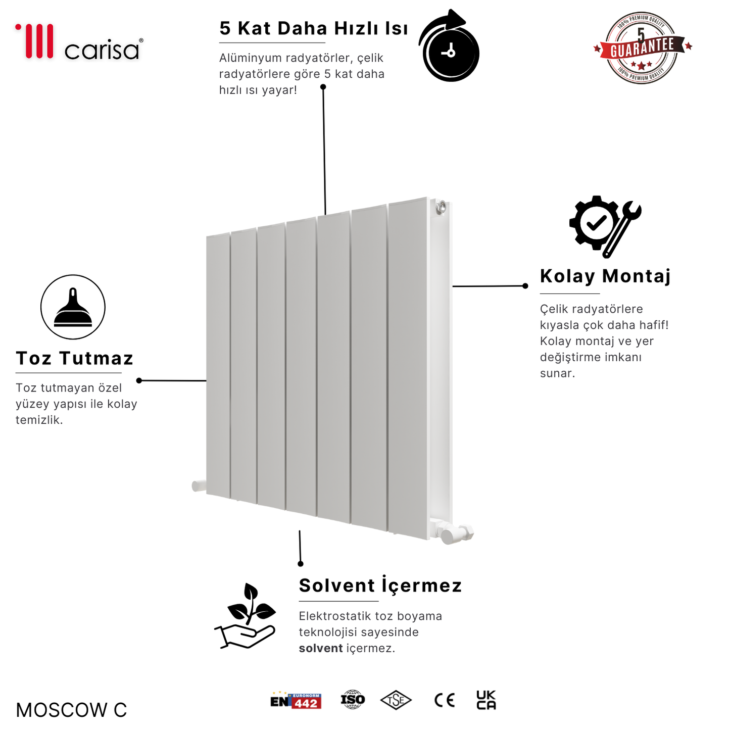 Carisa Moscow C Yatay Alüminyum Radyatör Modern Tasarım Beyaz