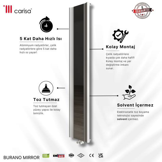 Carisa Burano Mirror Dikey Alüminyum Radyatör Modern Tasarım Beyaz