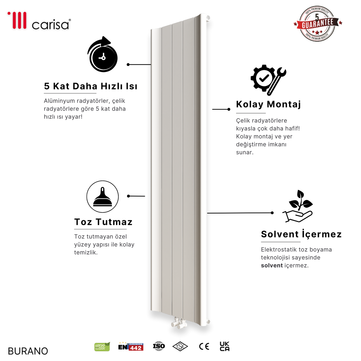 Carisa Burano Dikey Alüminyum Radyatör Modern Tasarım Beyaz