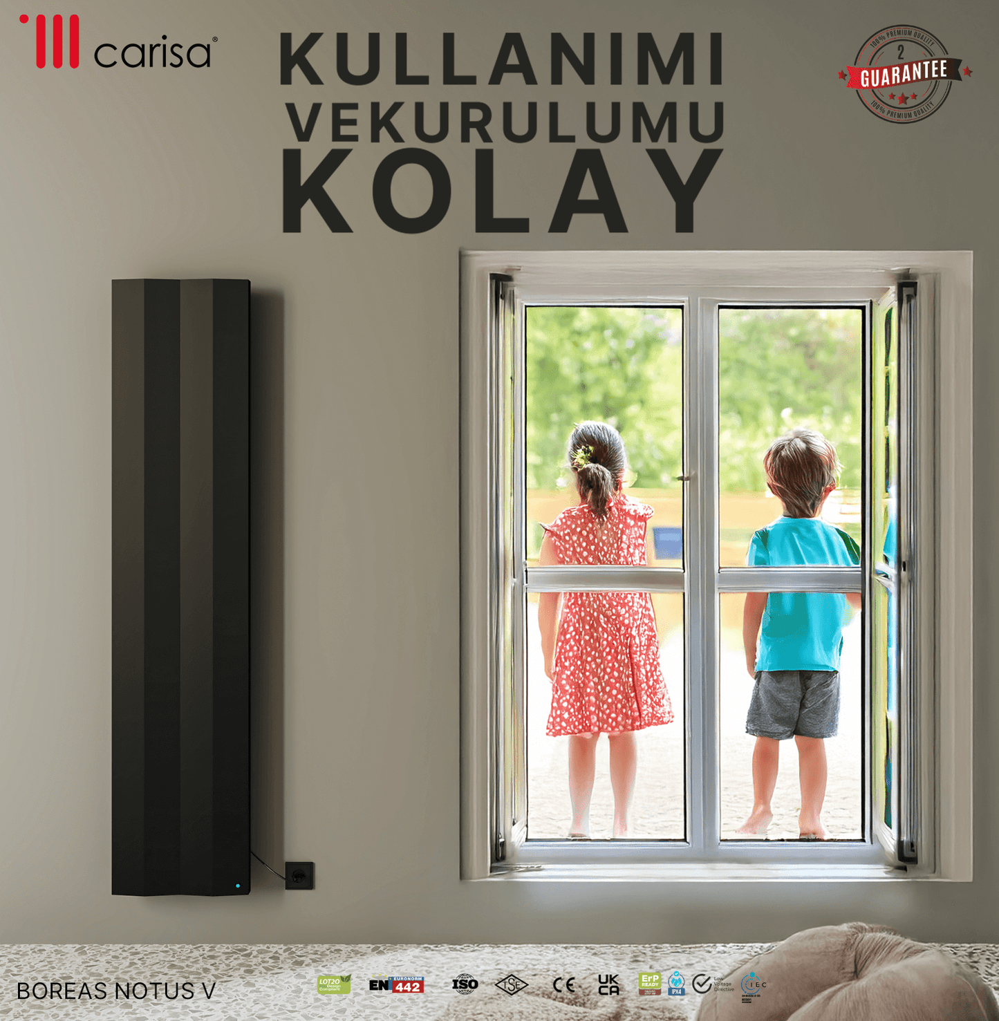 Carisa Notus V Dikey Elektrikli Radyatör Modern Tasarım Siyah