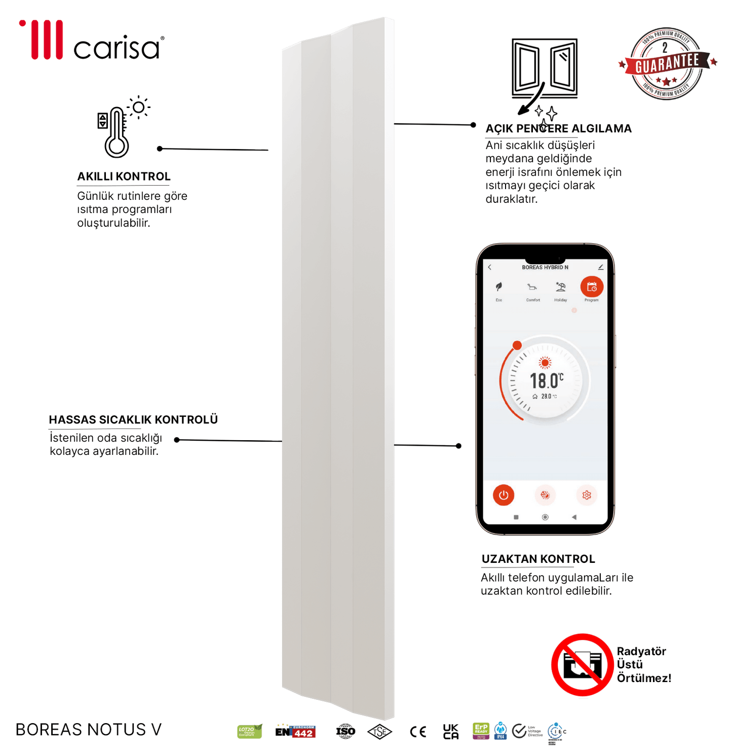 Carisa Notus V Dikey Elektrikli Radyatör Modern Tasarım Beyaz