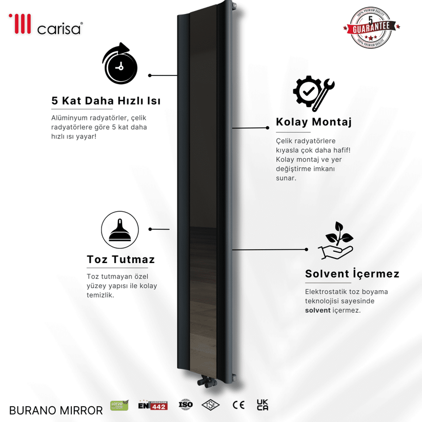 Carisa Burano Mirror Dikey Alüminyum Radyatör Modern Tasarım Antrasit - carisa
