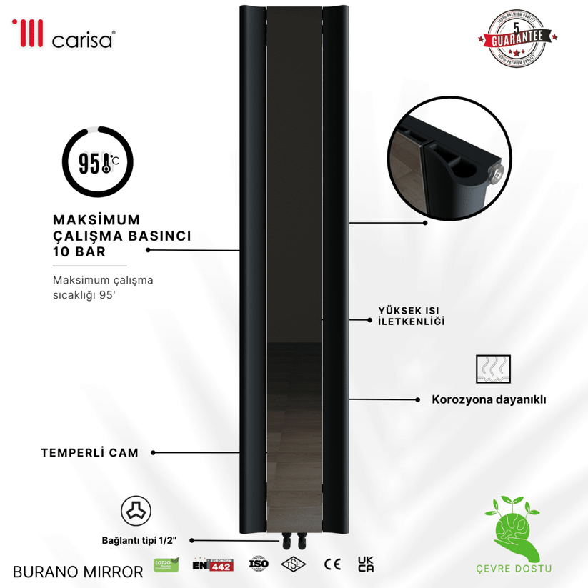 Carisa Burano Mirror Dikey Alüminyum Radyatör Modern Tasarım Antrasit - carisa