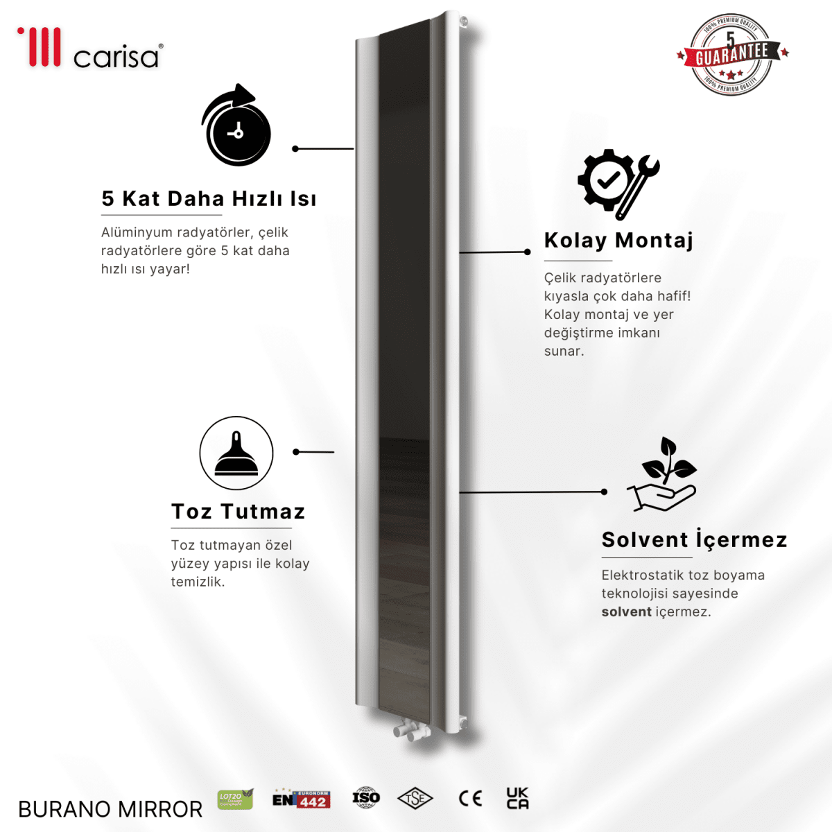 Carisa Burano Mirror Dikey Alüminyum Radyatör Modern Tasarım Beyaz - carisa
