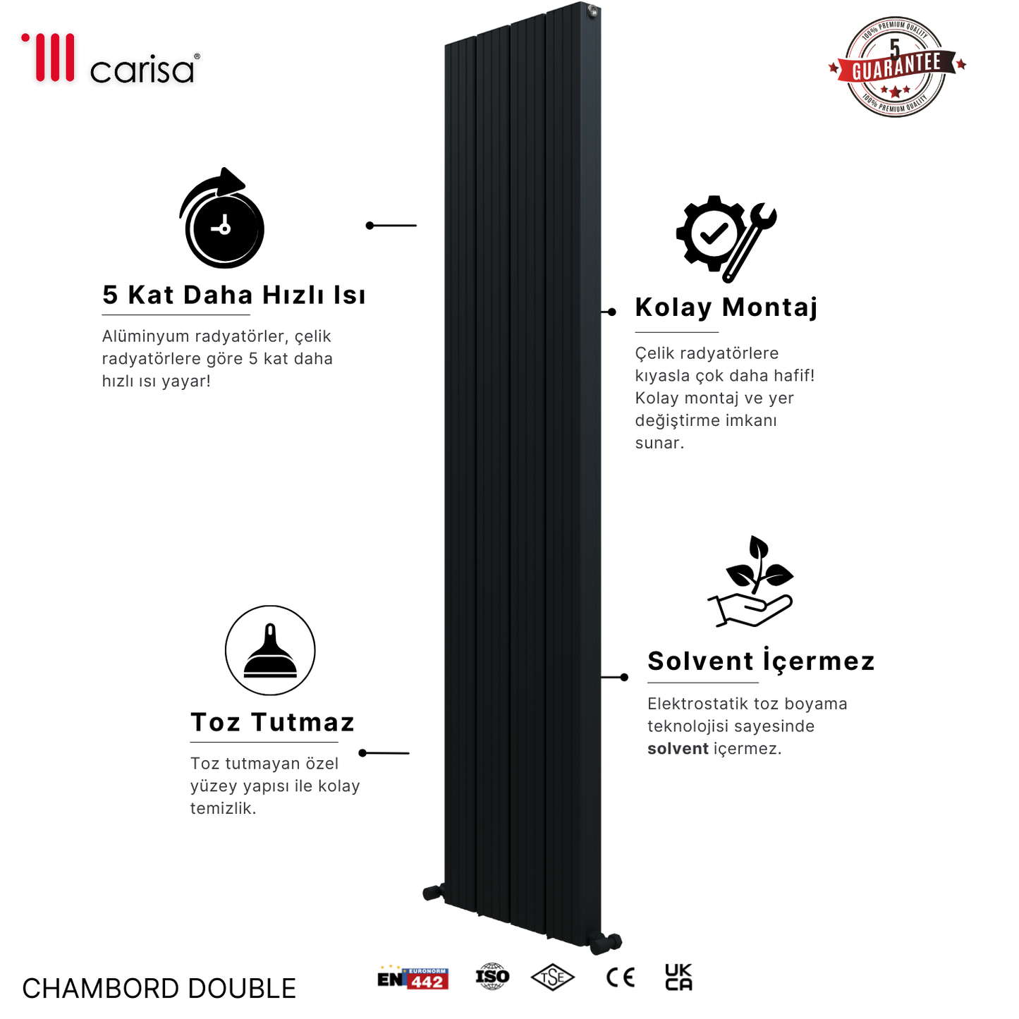 Carisa Chambord Double Dikey Alüminyum Radyatör Modern Tasarım Siyah - 1800 x 0395