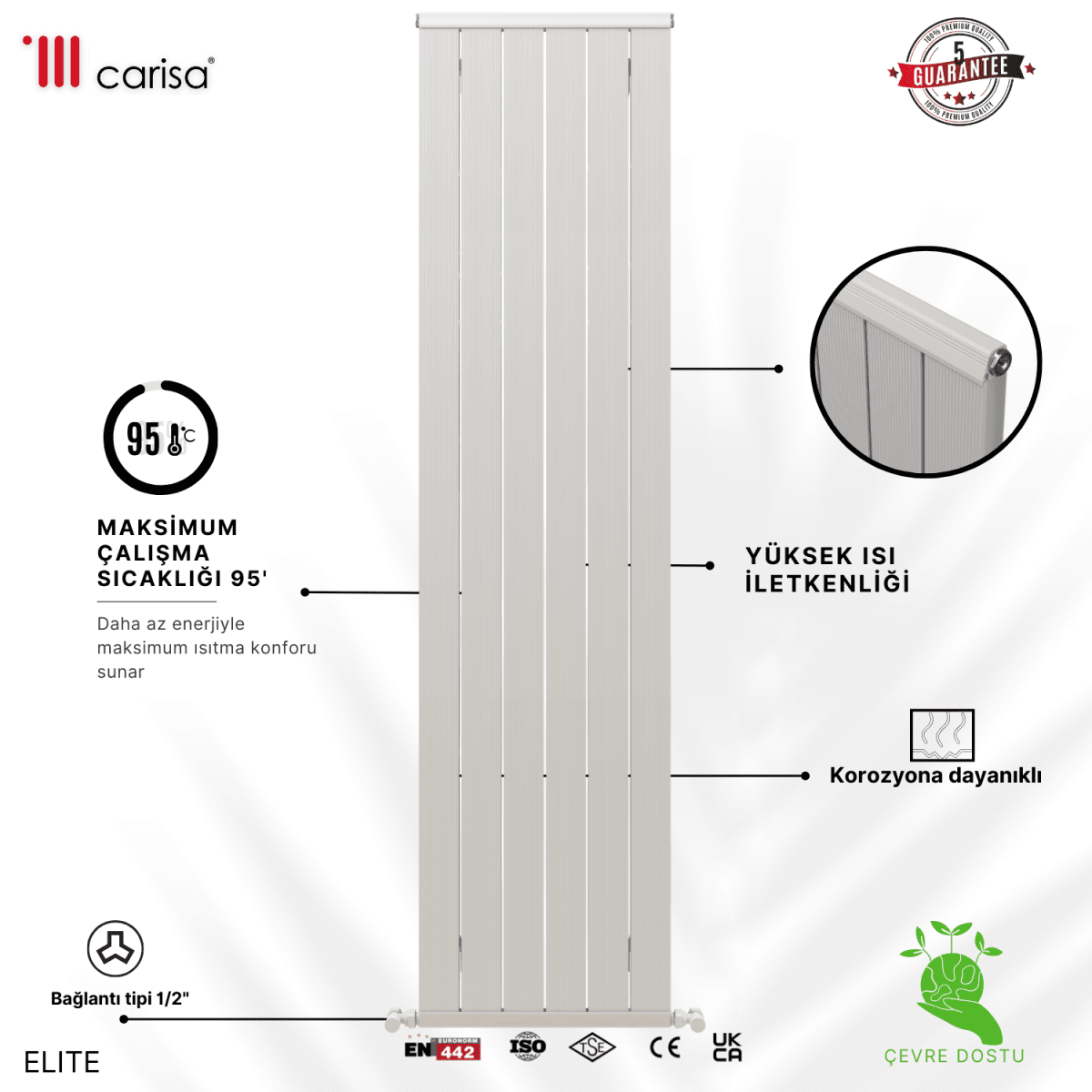 Carisa Elite Dikey Alüminyum Radyatör Modern Tasarım Parlak Beyaz - carisa