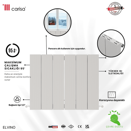 Carisa Elvino Alüminyum Radyatör Beyaz Standart Bağlantı - carisa