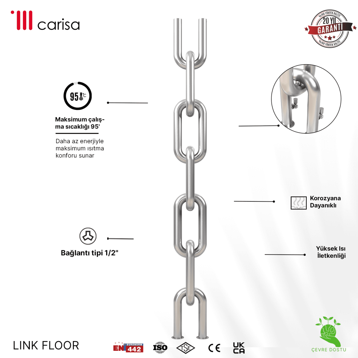 Carisa Link Floor Dikey Paslanmaz Çelik Radyatör Modern Tasarım Satine - carisa