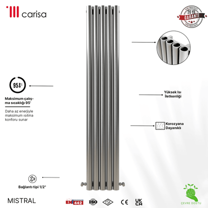 Carisa Mistral Dikey Paslanmaz Çelik Radyatör Modern Tasarım Satine - carisa
