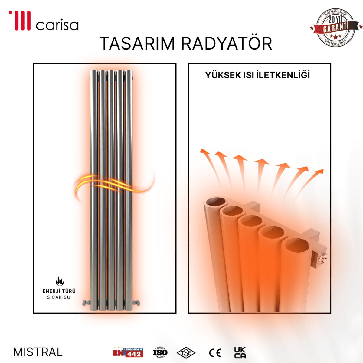 Carisa Mistral Dikey Paslanmaz Çelik Radyatör Modern Tasarım Satine - carisa
