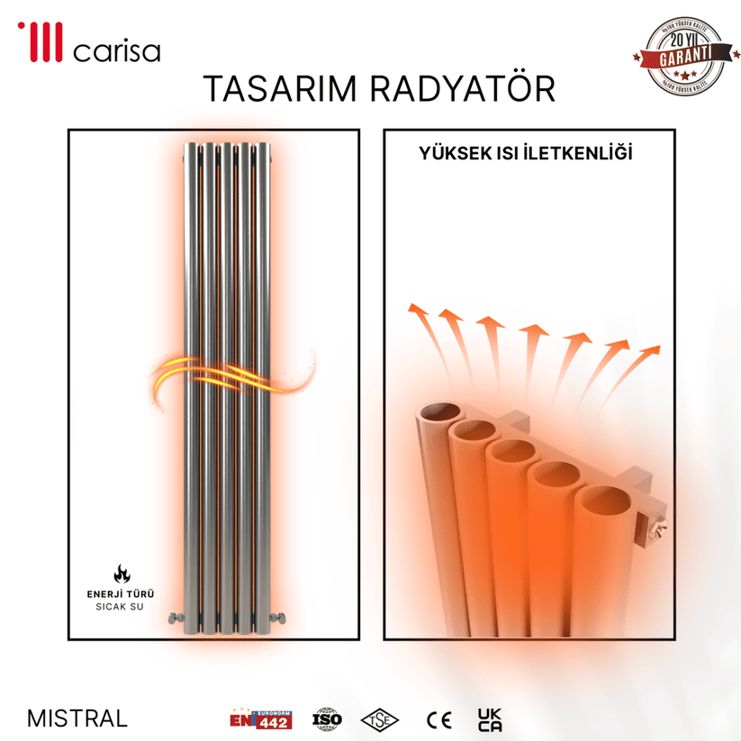 Carisa Mistral Dikey Paslanmaz Çelik Radyatör Modern Tasarım Satine - carisa