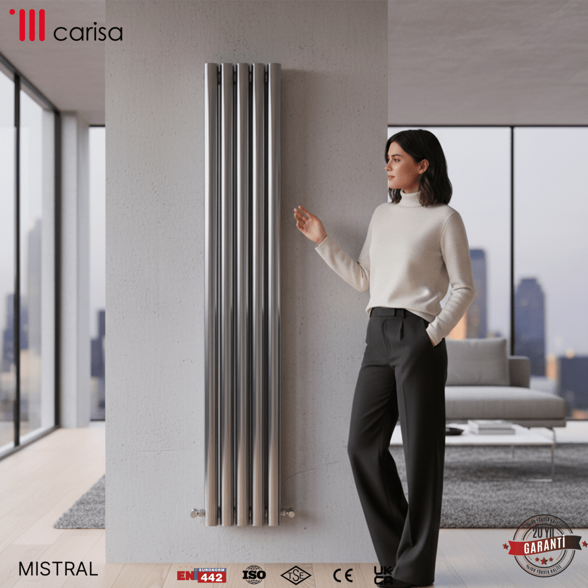 Carisa Mistral Dikey Paslanmaz Çelik Radyatör Modern Tasarım Satine - carisa