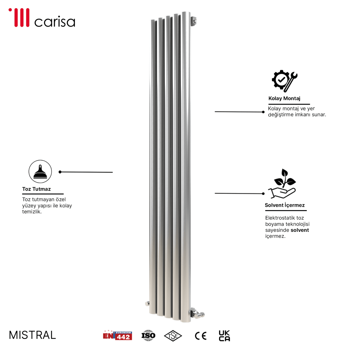 Carisa Mistral Dikey Paslanmaz Çelik Radyatör Modern Tasarım Satine - carisa
