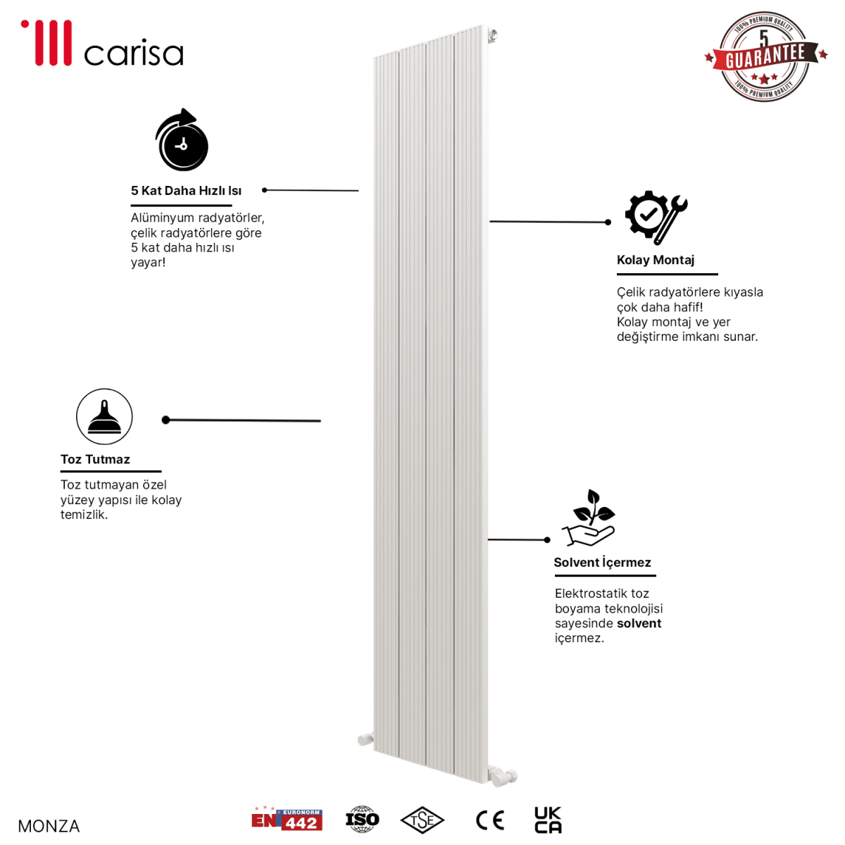 Carisa Monza Dikey Alüminyum Radyatör Modern Tasarım Beyaz - carisa