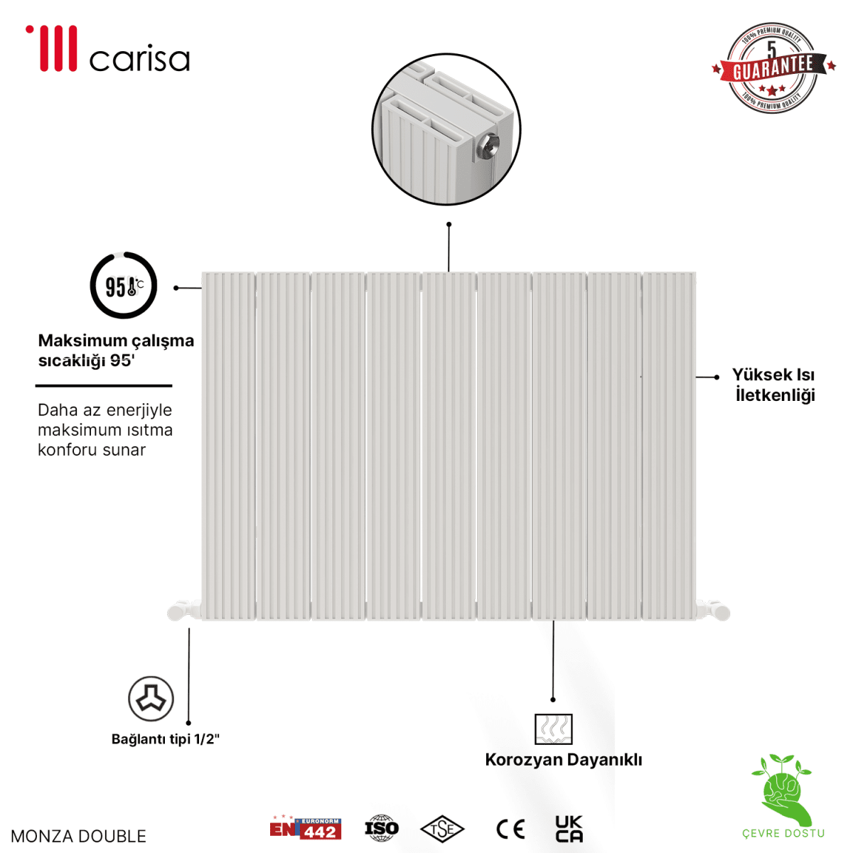 Carisa Monza Double Alüminyum Radyatör Beyaz Standart Bağlantı - carisa