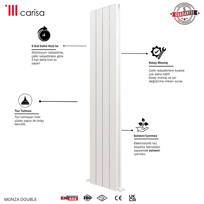 Carisa Monza Double Dikey Alüminyum Radyatör Modern Tasarım Beyaz - carisa