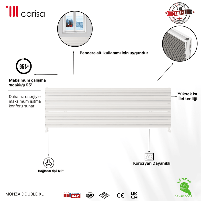 Carisa Monza Double Xl Yatay Alüminyum Radyatör Modern Tasarım Beyaz - carisa