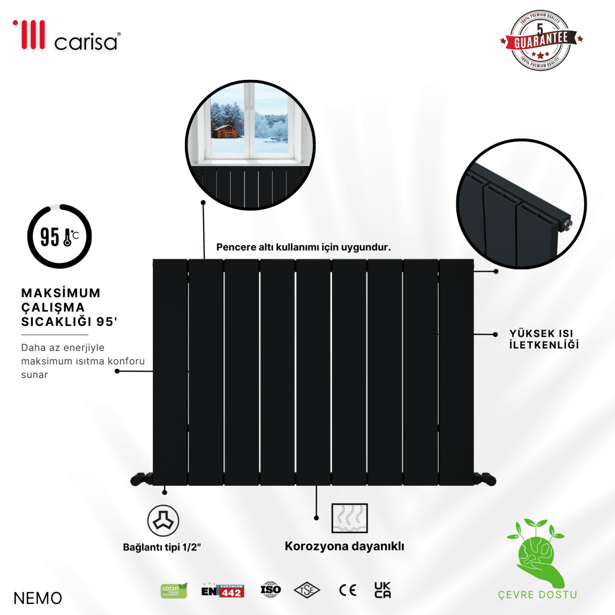 Carisa Nemo Alüminyum Radyatör Siyah Standart Bağlantı - carisa