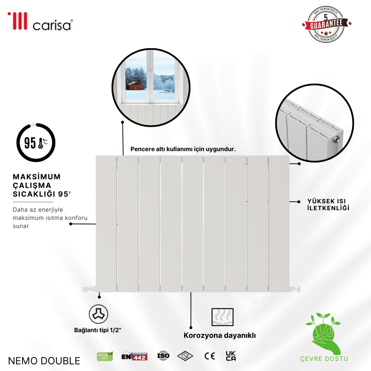 Carisa Nemo Double Alüminyum Radyatör Beyaz Standart Bağlantı - carisa