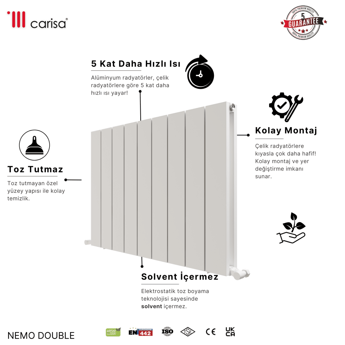 Carisa Nemo Double Alüminyum Radyatör Beyaz Standart Bağlantı - carisa