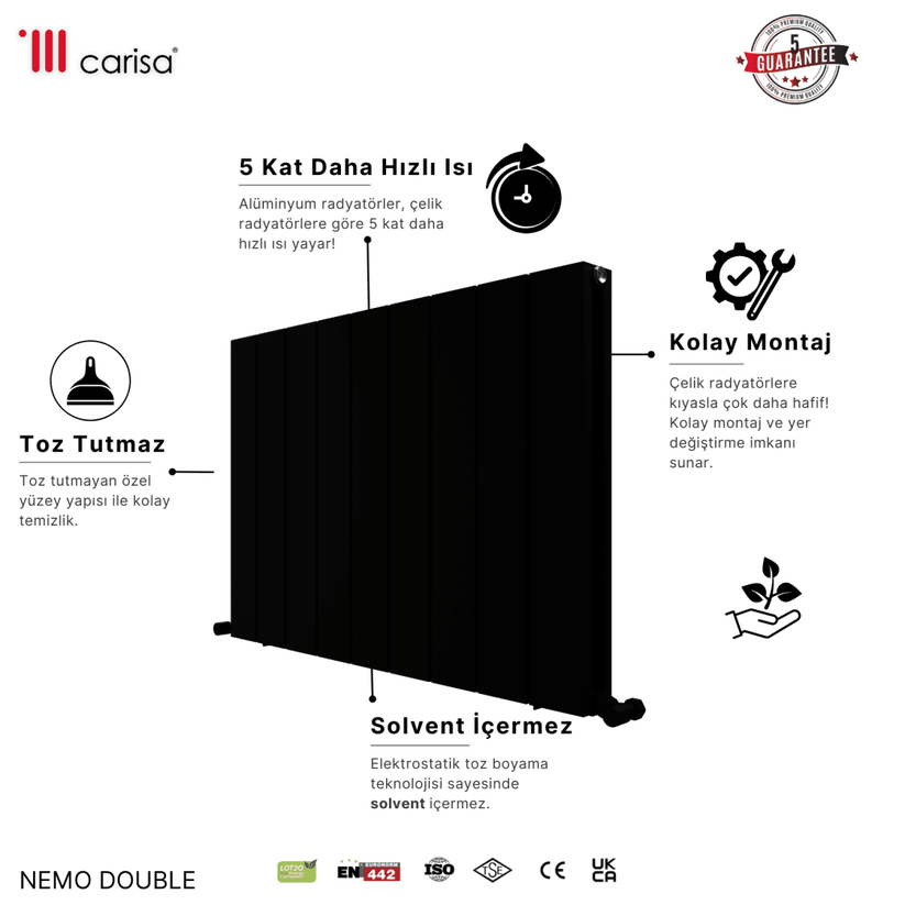 Carisa Nemo Double Alüminyum Radyatör Siyah Standart Bağlantı - carisa